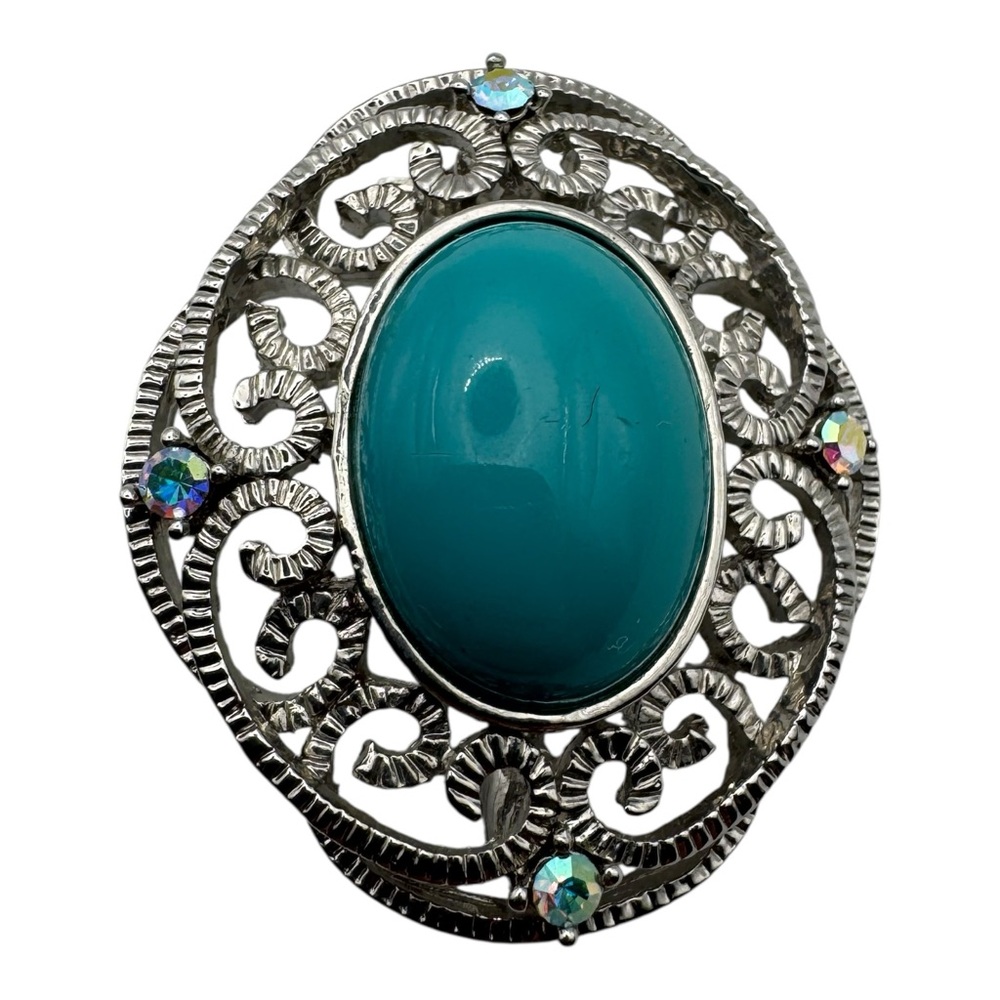 Vintage Silver-Tone Filigree Brooch with Turquoise Cabochon & Aurora Borealis‎